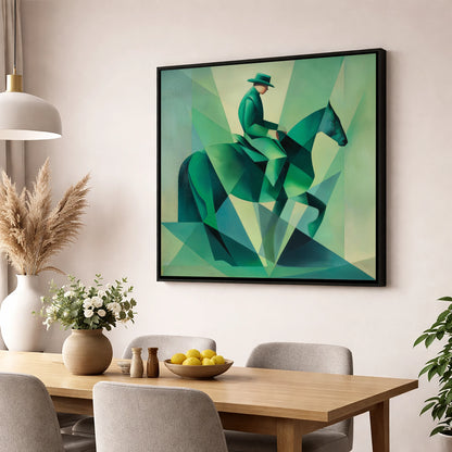 Faceted Emerald Stride western horse wall art displayed in a dining room