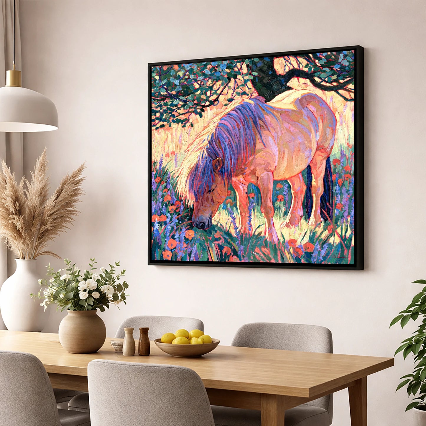 Vibrant Grazing Pony In Meadow horse breed wall art displayed in a dining room