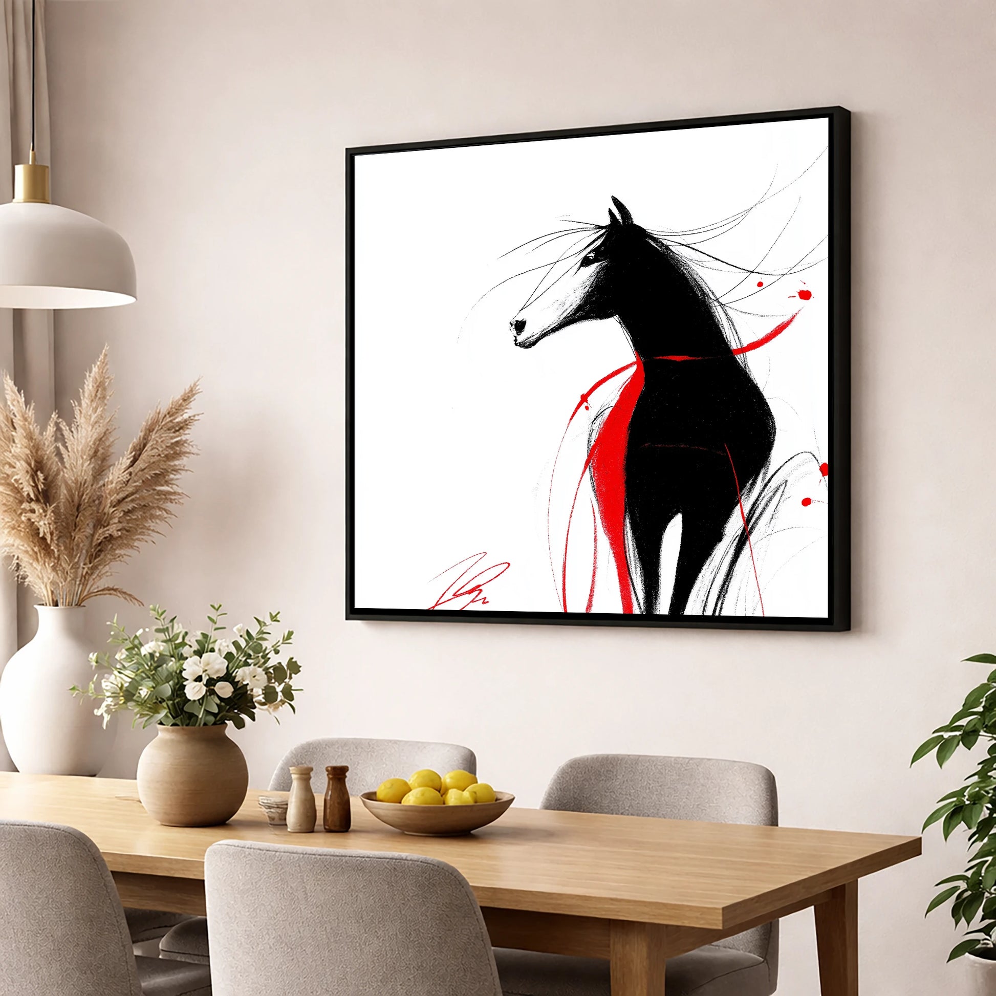 Spirited Silhouette in Red horse portrait wall art displayed in a dining room