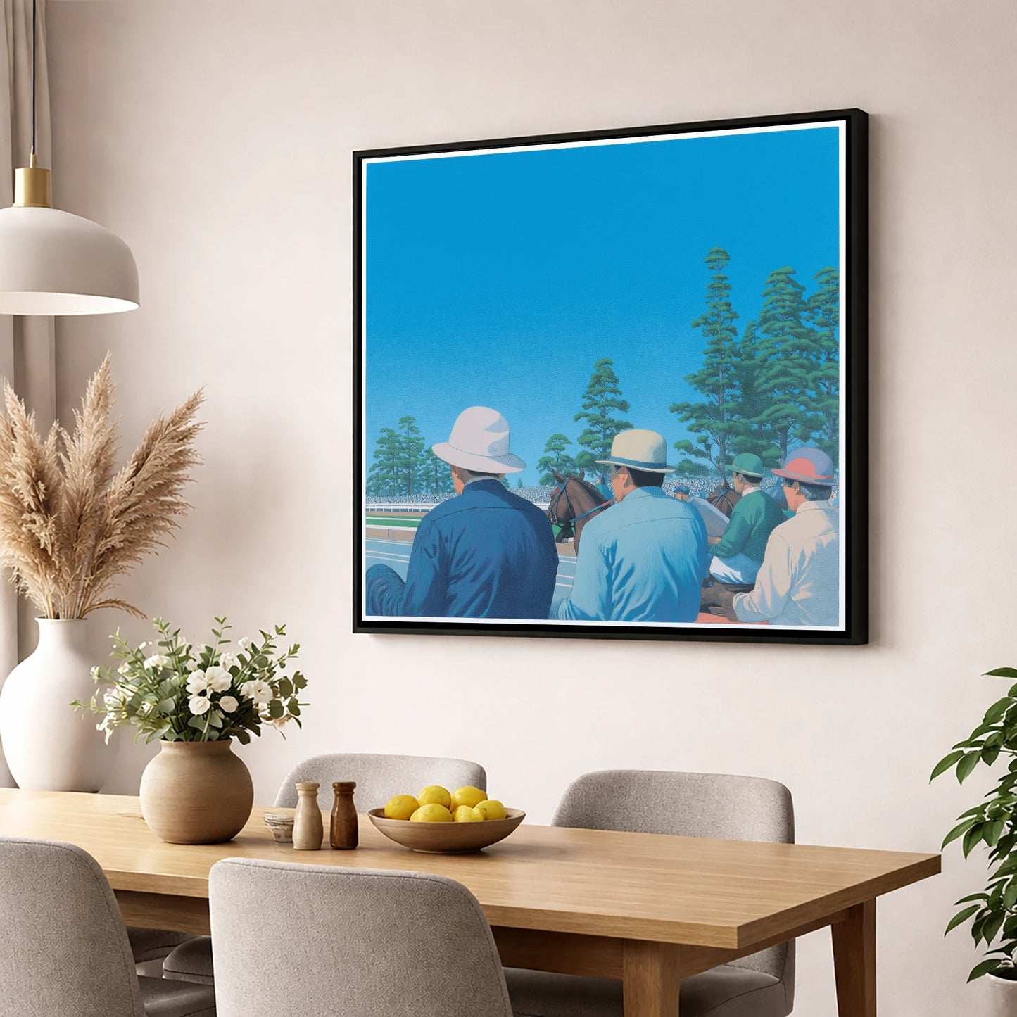 Trackside Anticipation racing horse wall art displayed in a dining room