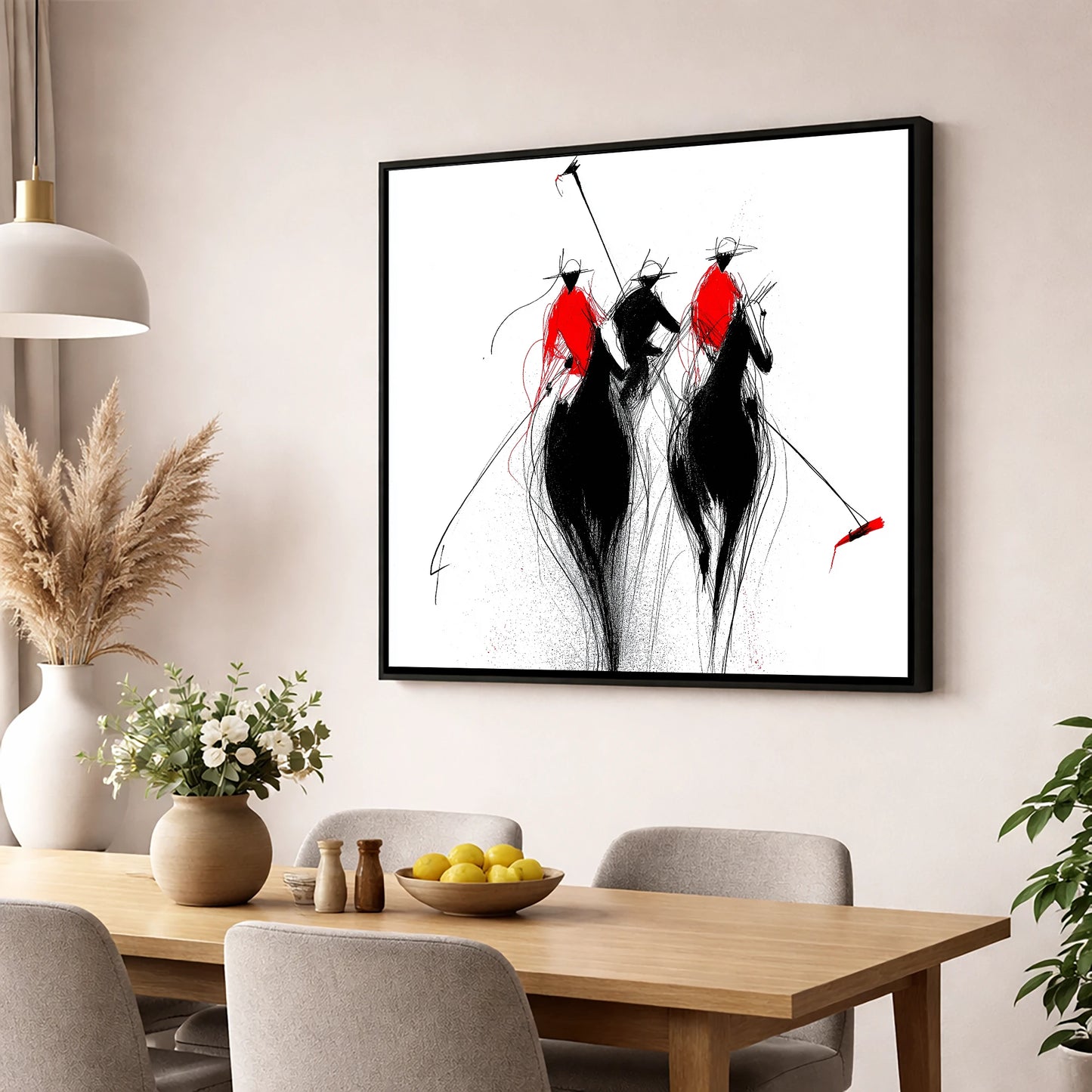 The Crimson Charge polo horse wall art displayed in a dining room