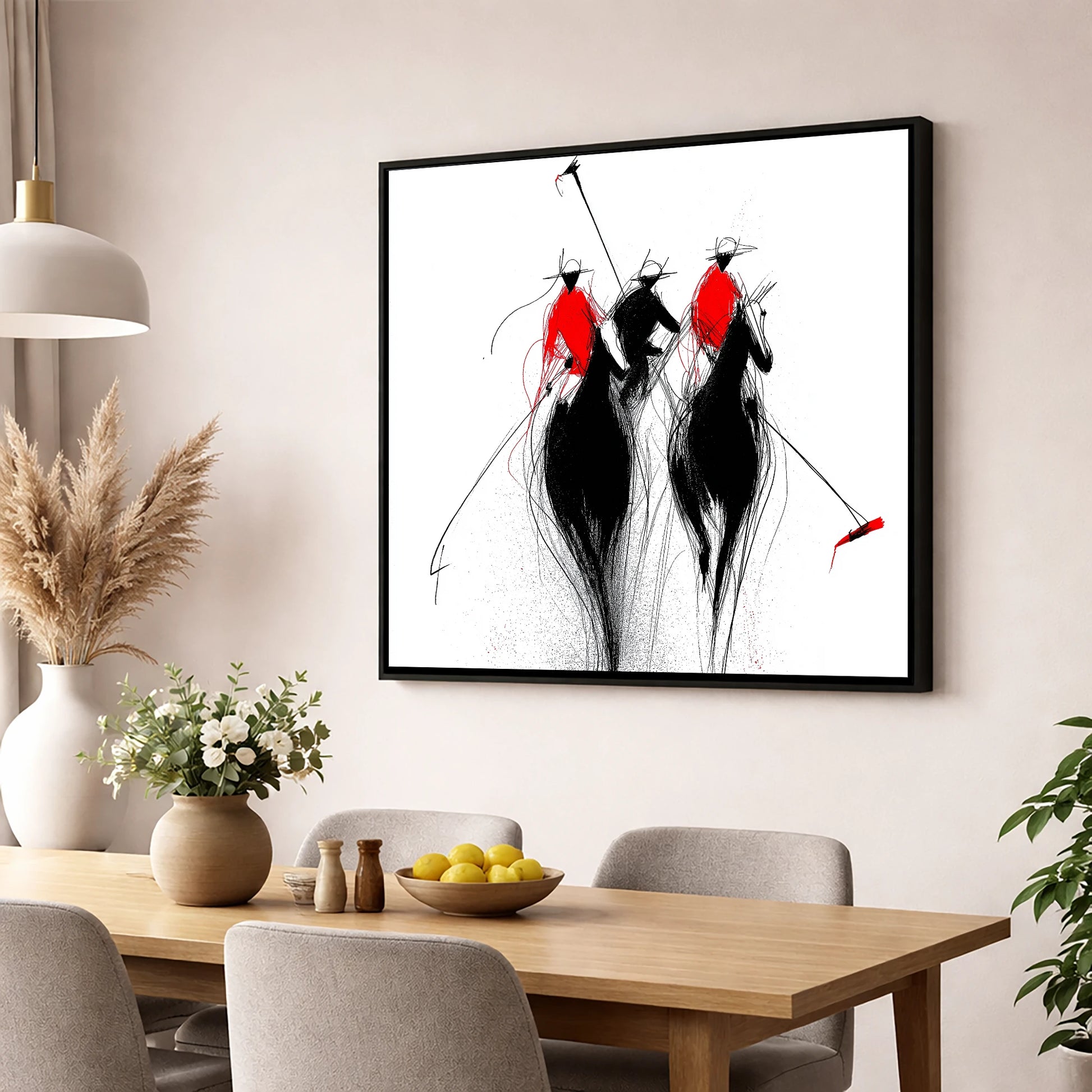 The Crimson Charge polo horse wall art displayed in a dining room