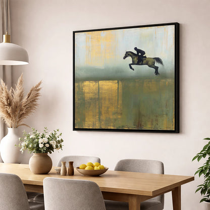 Gilded Suspension show jumping horse wall art displayed in a dining room