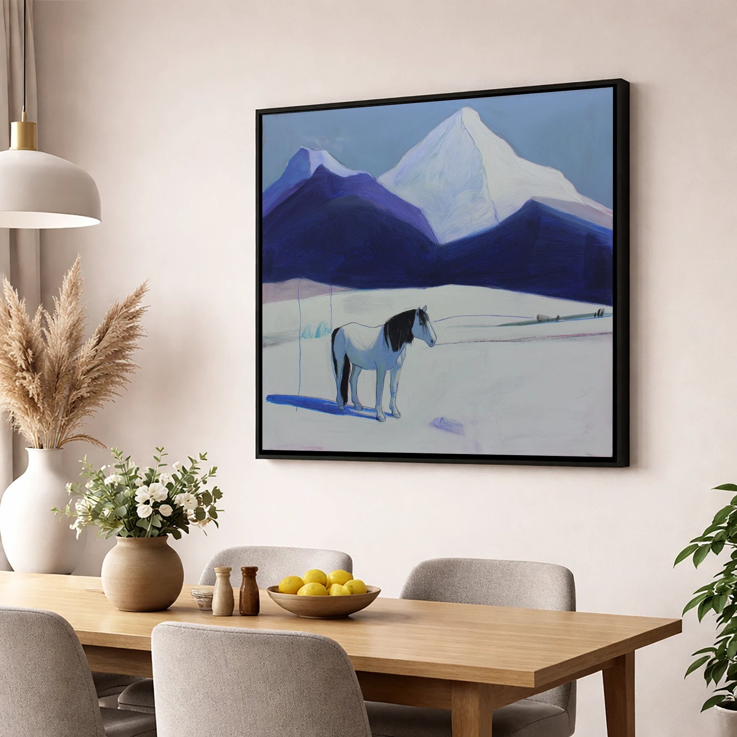 Alpine Silence horse landscape wall art displayed in a dining room