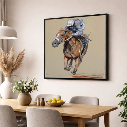 Driving Finish racing horse wall art displayed in a dining room