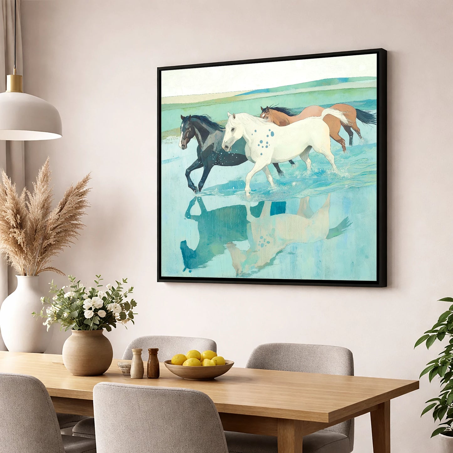Tidal Canter wild horses wall art displayed in a dining room