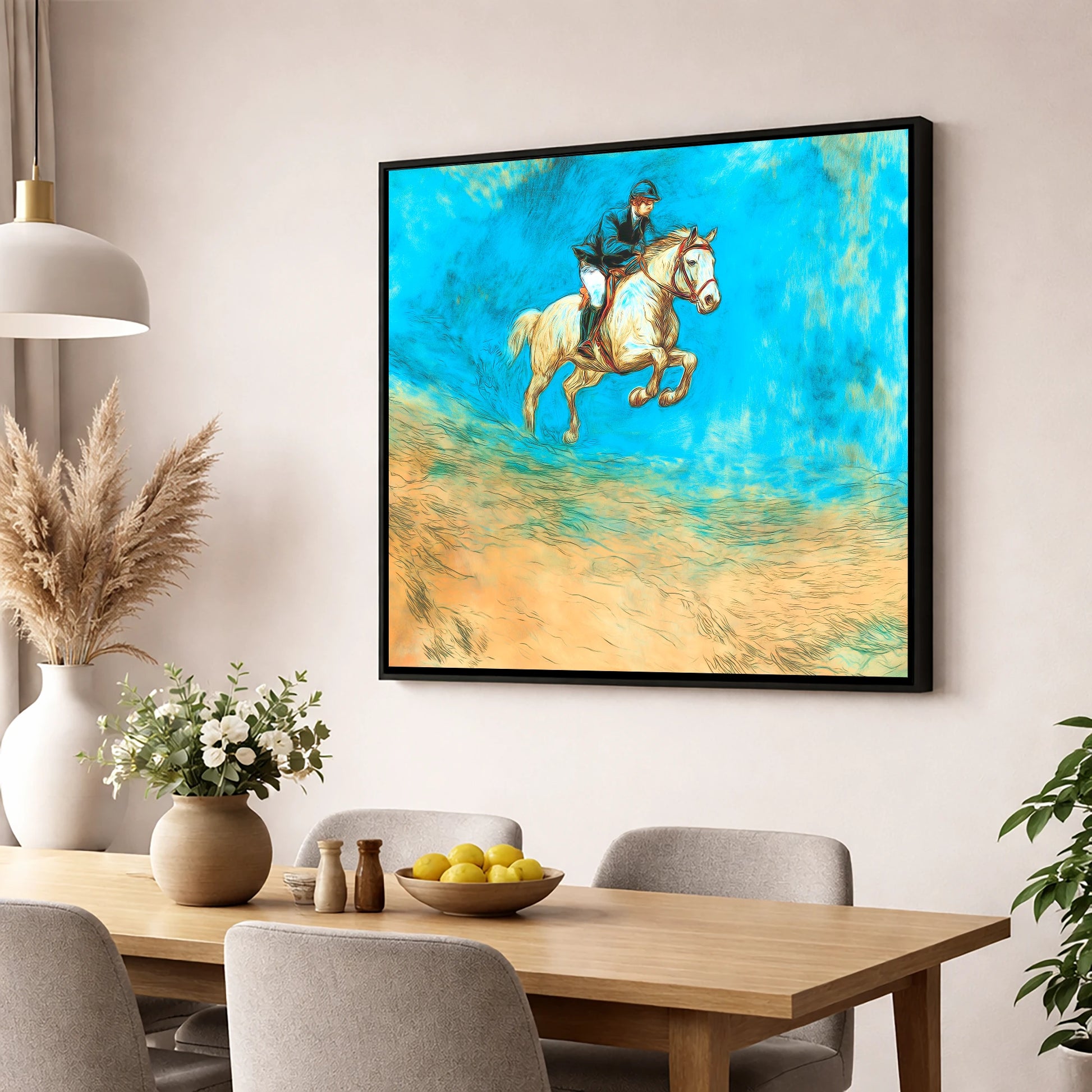 Flight in Cerulean show jumping horse wall art displayed in a dining room