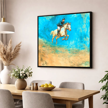 Flight in Cerulean show jumping horse wall art displayed in a dining room