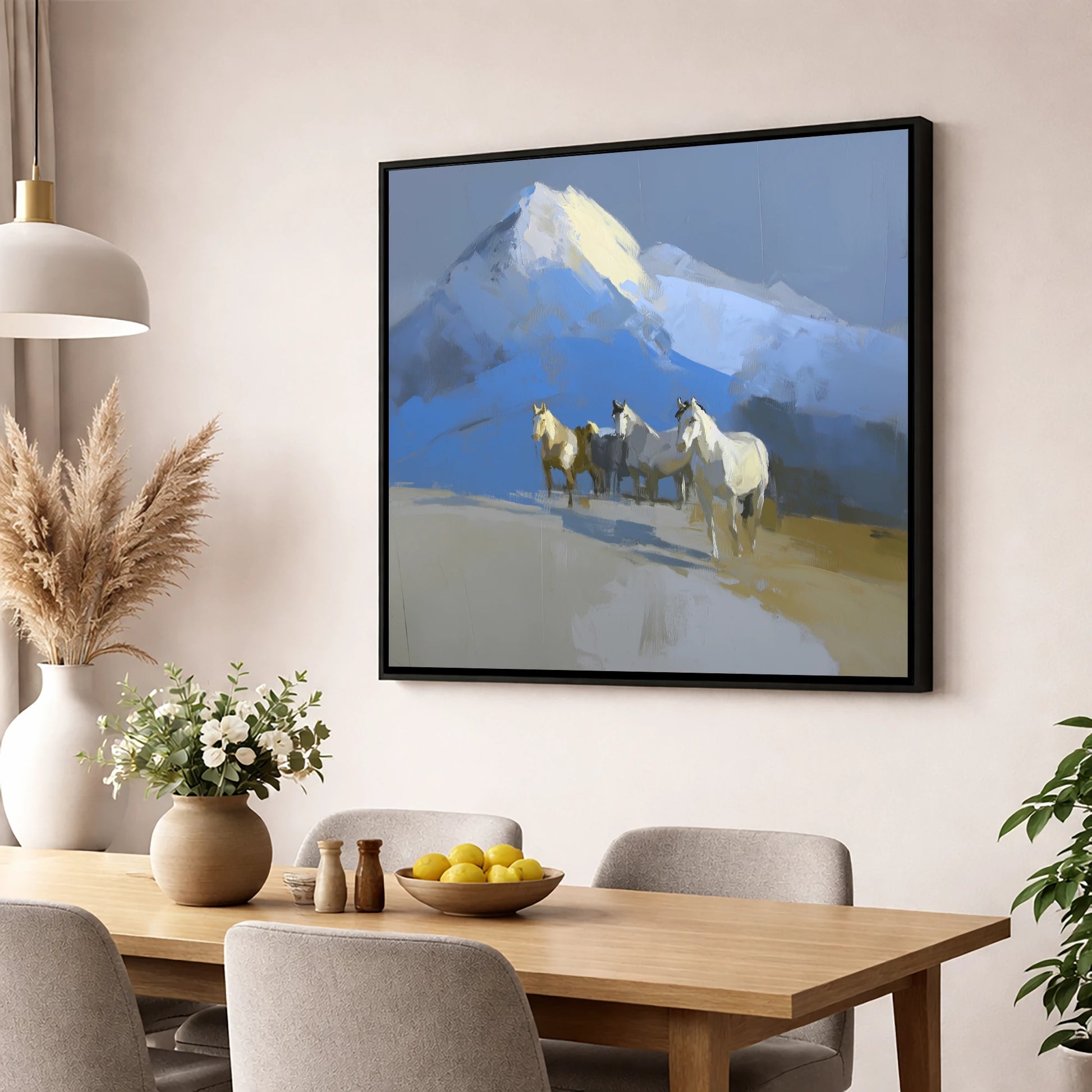 Sunlit Alpine Herd horse landscape wall art displayed in a dining room