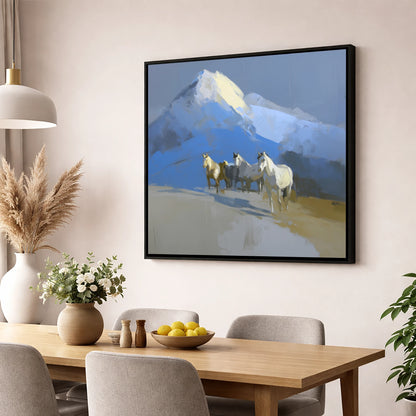 Sunlit Alpine Herd horse landscape wall art displayed in a dining room