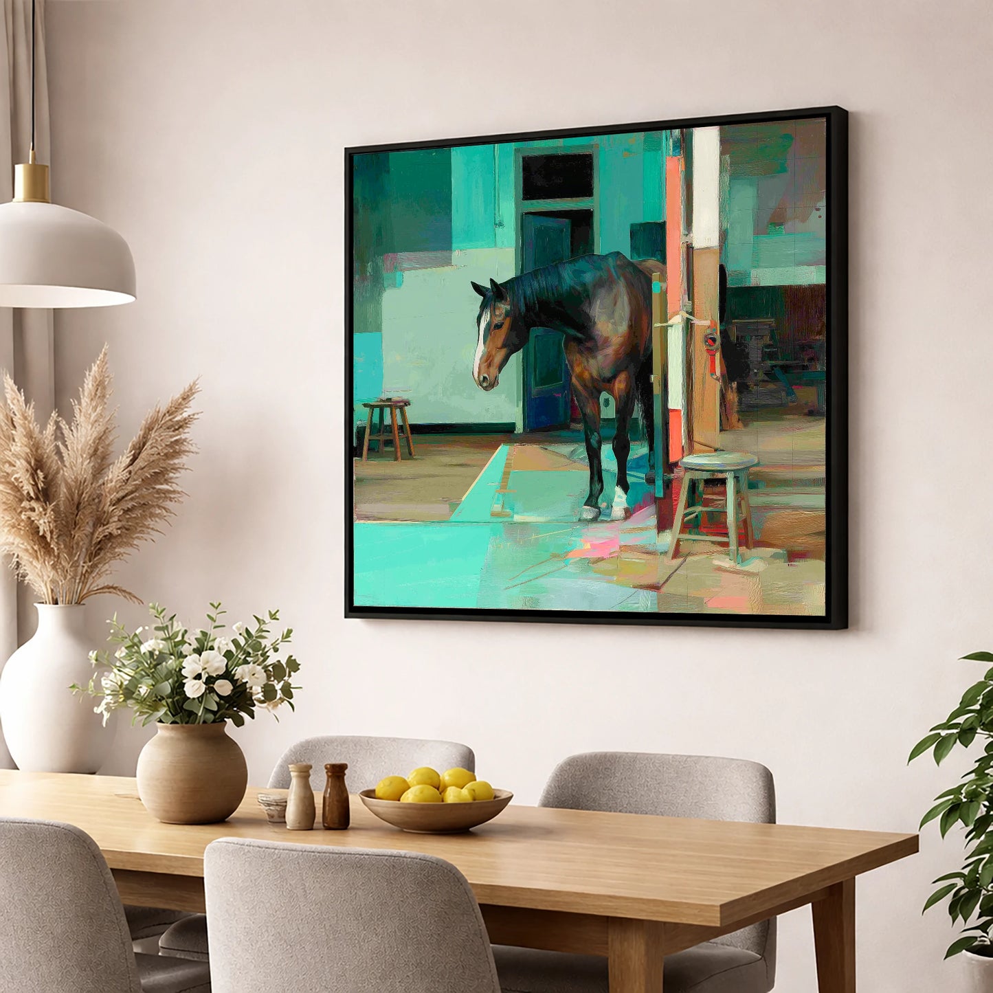 Quiet Yard in Teal horse stable wall art displayed in a dining room