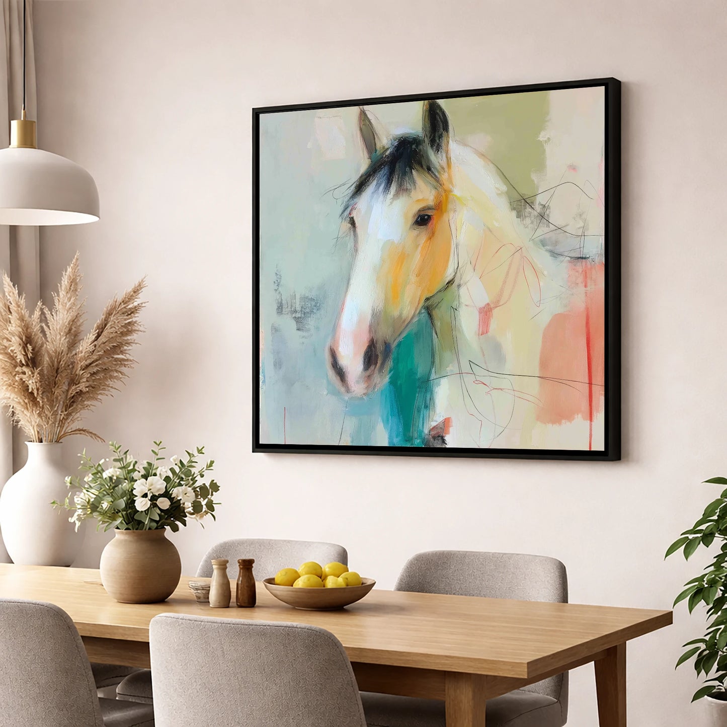 Quiet Grace in Ochre horse portrait wall art displayed in a dining room