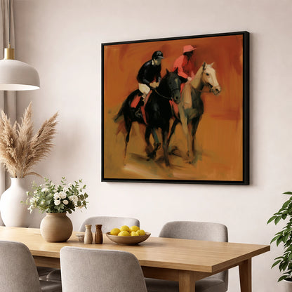 Towards the Start racing horse wall art displayed in a dining room