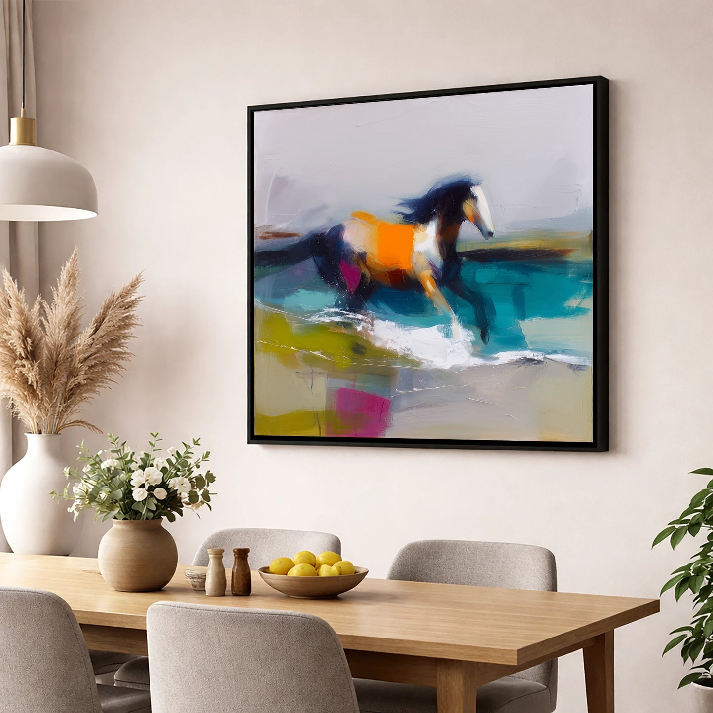 Vibrant Coastal Canter beach horse wall art displayed in a dining room