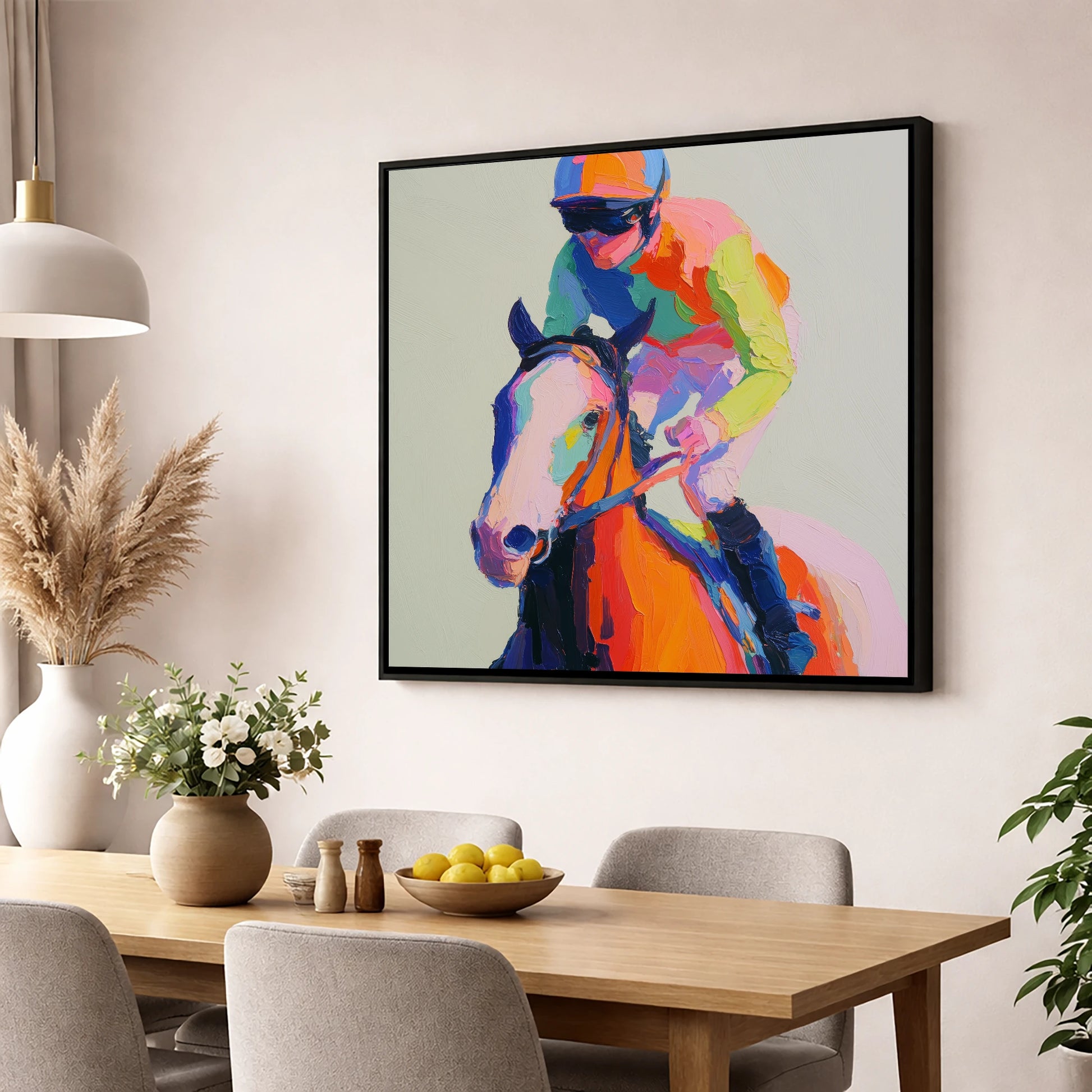 The Vibrant Sprint racing horse wall art displayed in a dining room