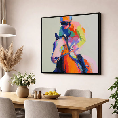The Vibrant Sprint racing horse wall art displayed in a dining room