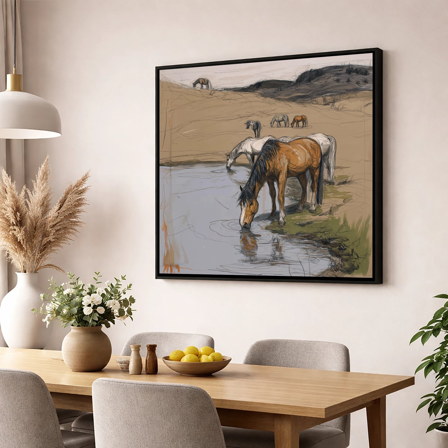 Quiet at the Waterhole wild horses wall art displayed in a dining room