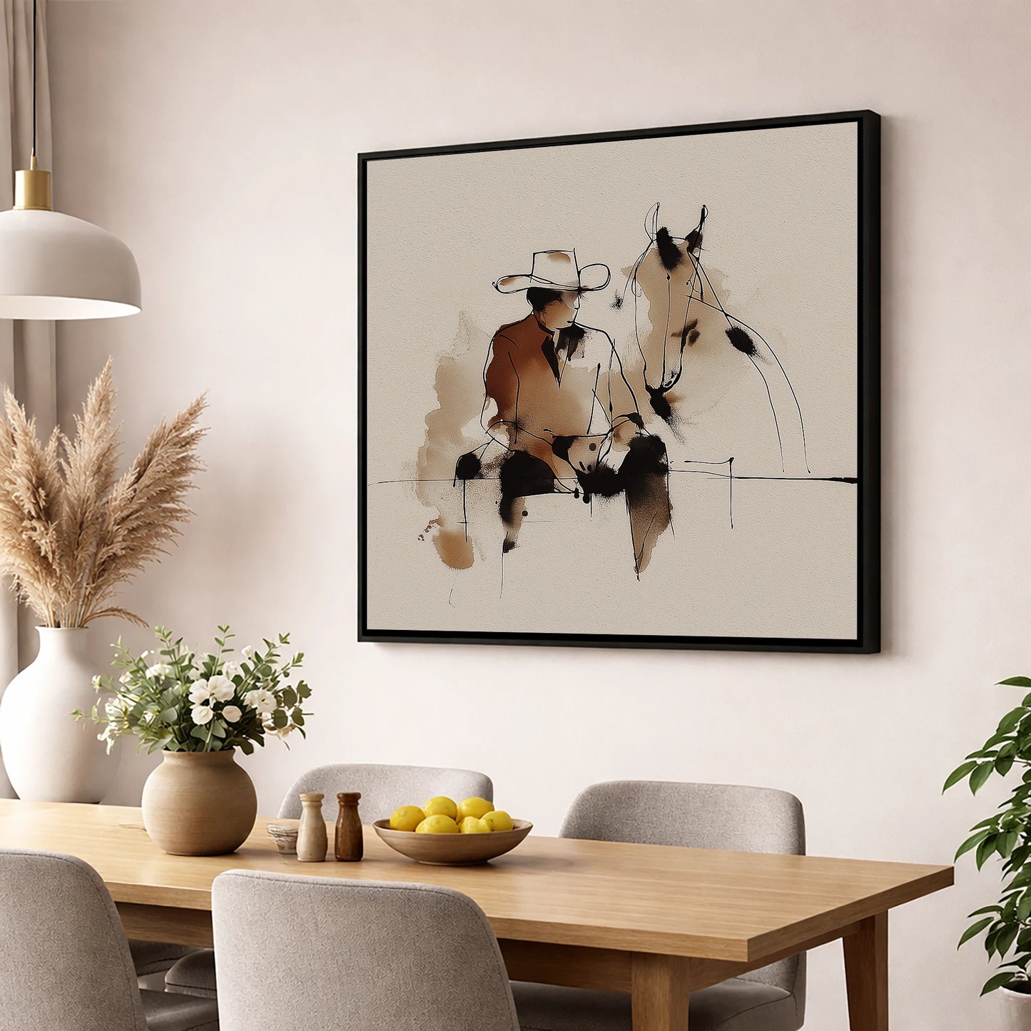 The Cowboy's Rest western horse wall art displayed in a dining room