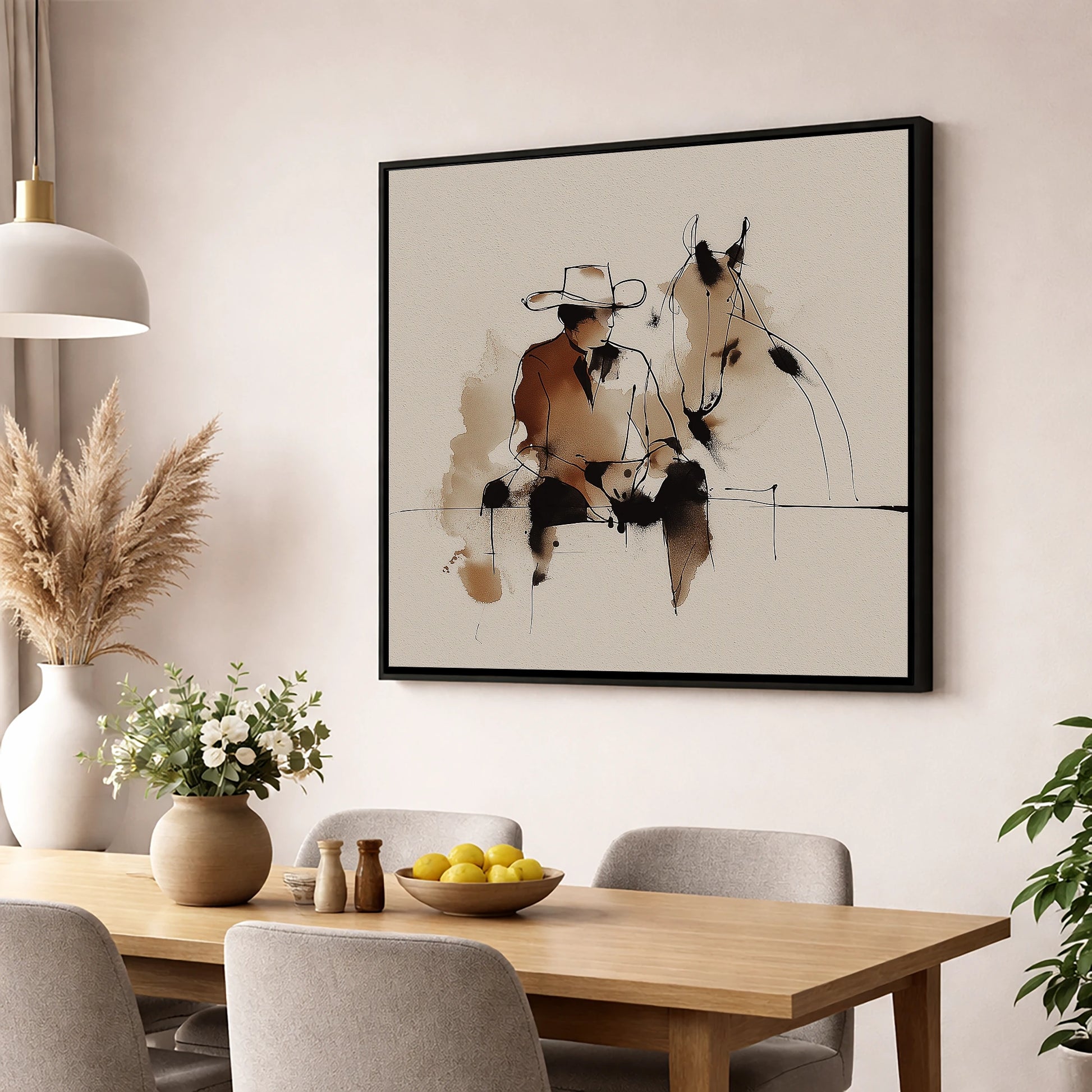 The Cowboy's Rest western horse wall art displayed in a dining room