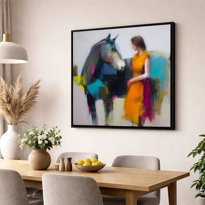 Vivid Companionship horse & rider wall art displayed in a dining room
