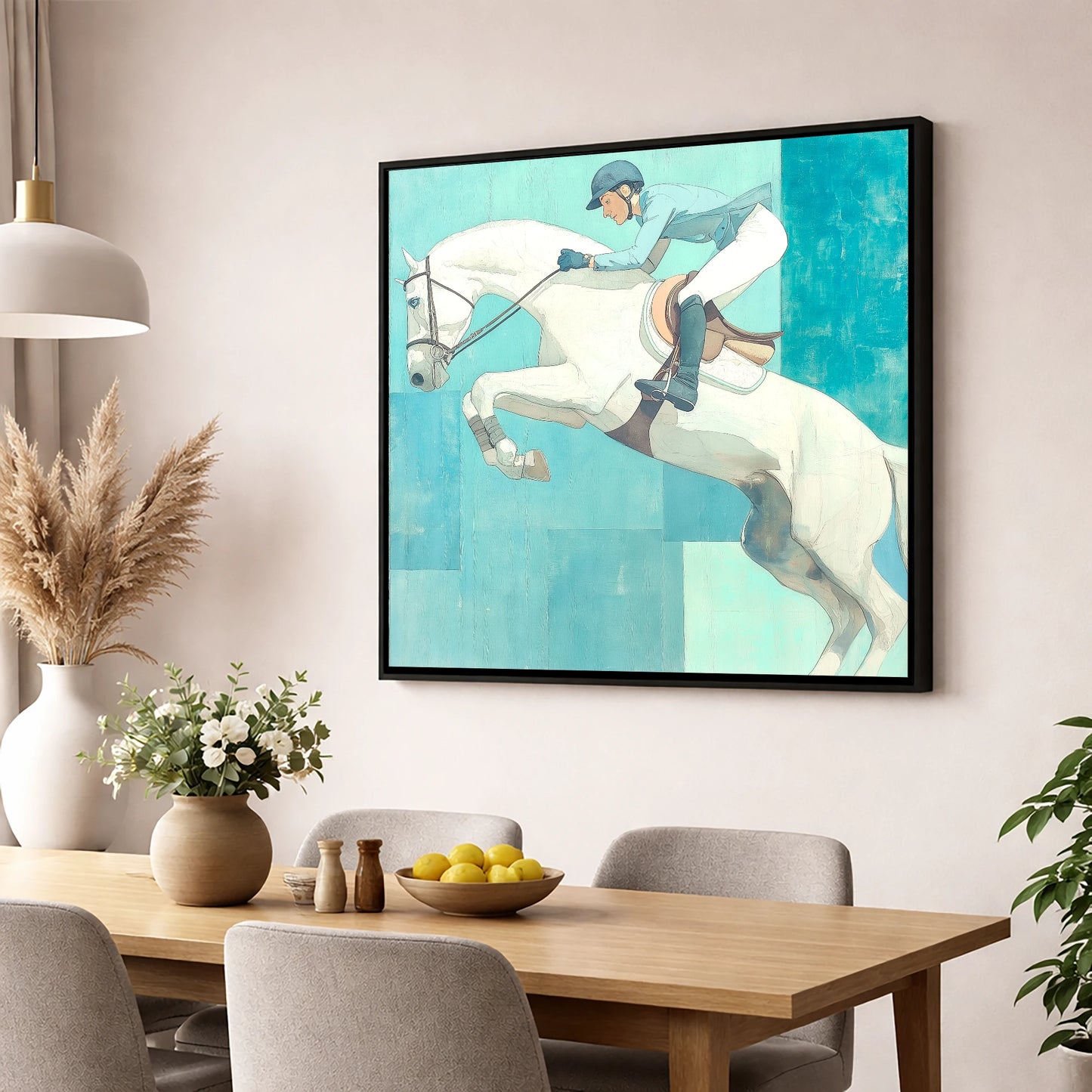 Aquamarine Flight show jumping horse wall art displayed in a dining room
