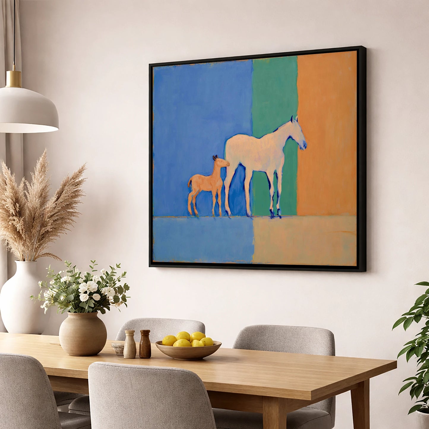 Cobalt and Terracotta Bond mare & foal wall art displayed in a dining room