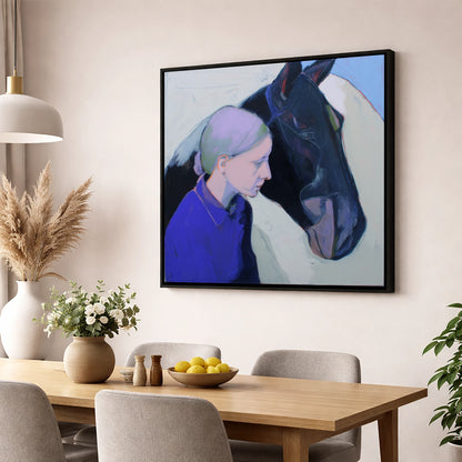 Silent Understanding horse & rider wall art displayed in a dining room