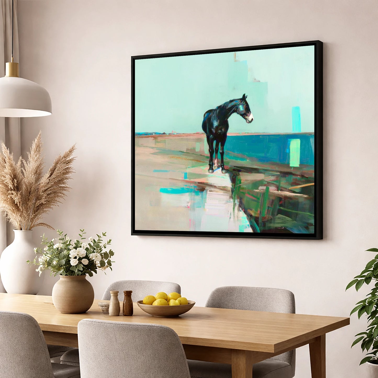 Silent Teal Horizon horse landscape wall art displayed in a dining room