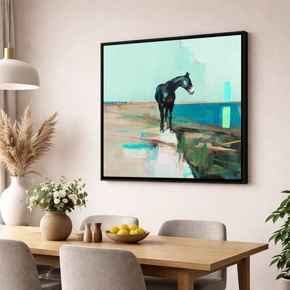 Silent Teal Horizon horse landscape wall art displayed in a dining room