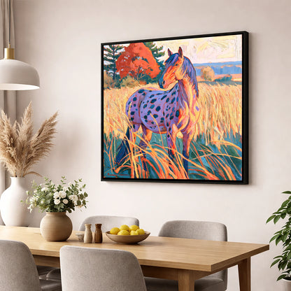 Spotted Appaloosa in Autumn Grass horse breed wall art displayed in a dining room