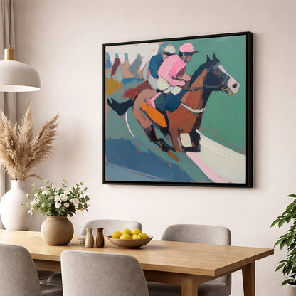 The Leading Edge in Rose racing horse wall art displayed in a dining room