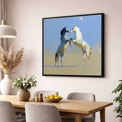 Sunlit Sparring wild horses wall art displayed in a dining room