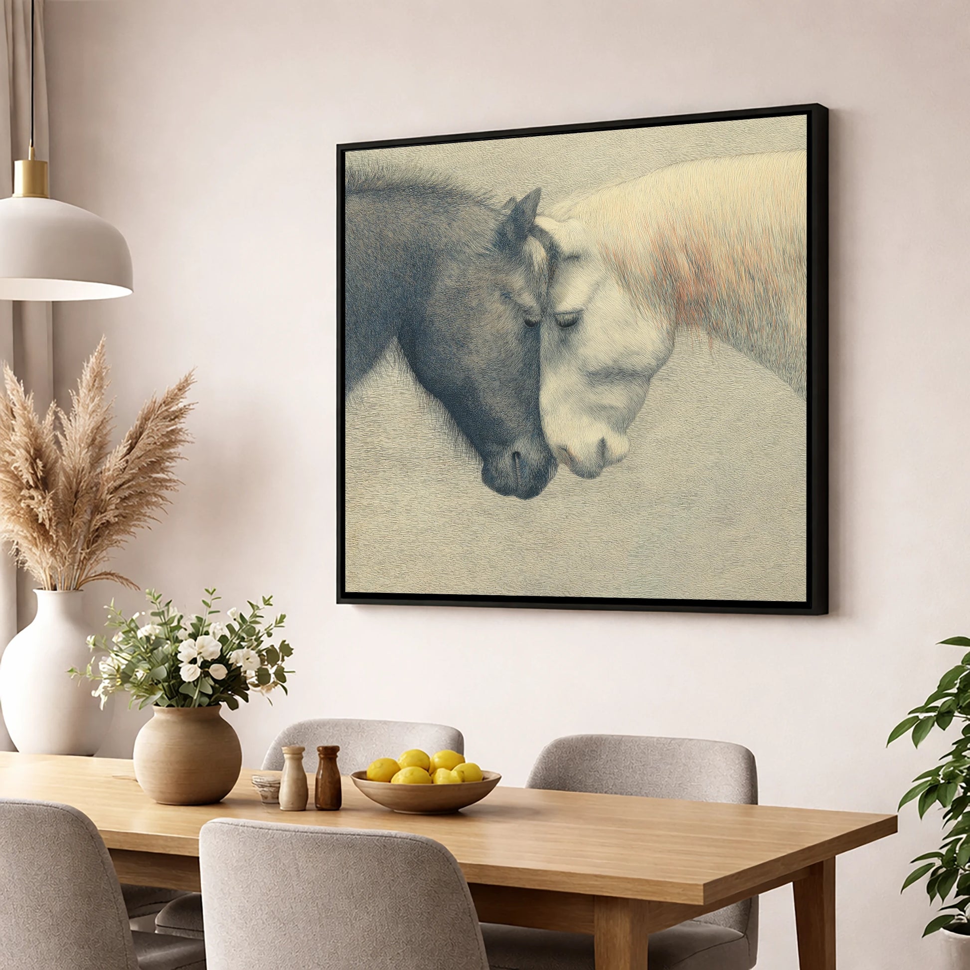 Quiet Harmony horse portrait wall art displayed in a dining room