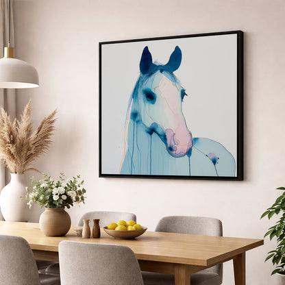 Cerulean Spirit horse portrait wall art displayed in a dining room