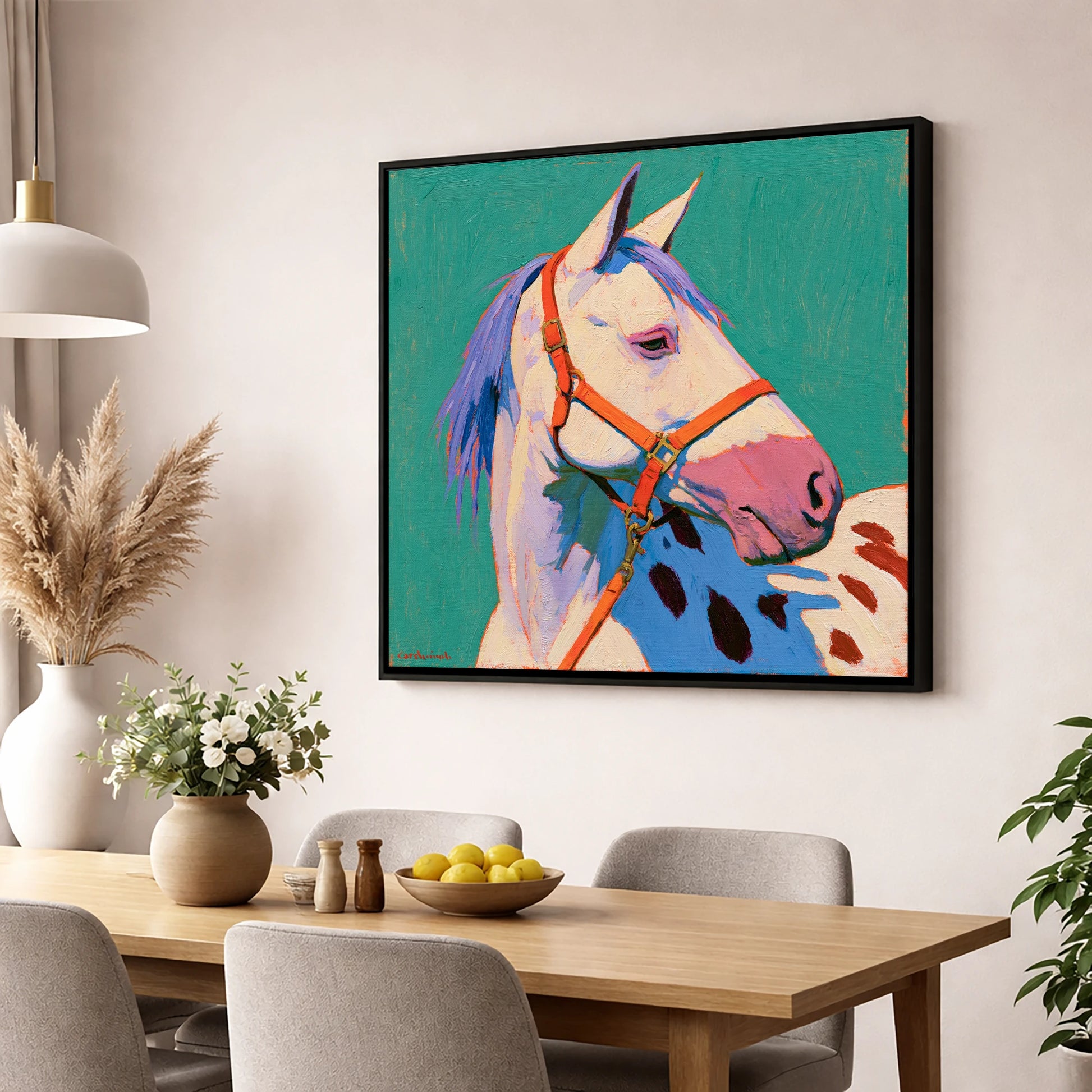 Colourful Appaloosa on Teal Background horse breed wall art displayed in a dining room