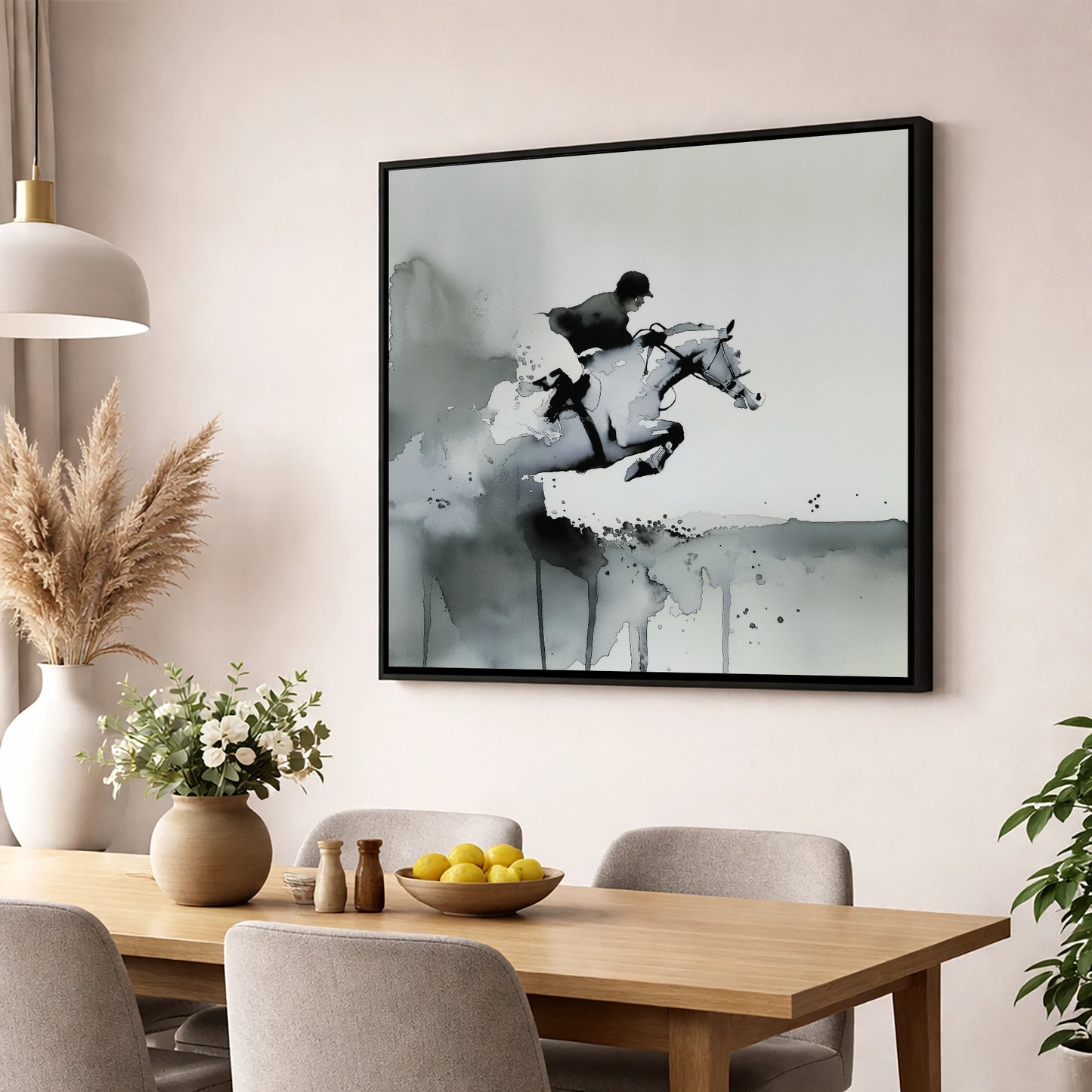 Airborne Shadows show jumping horse wall art displayed in a dining room