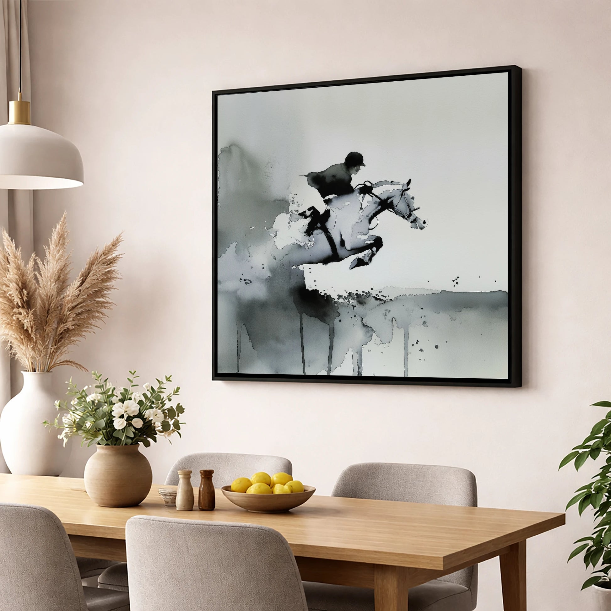 Airborne Shadows show jumping horse wall art displayed in a dining room