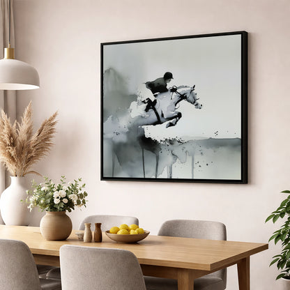 Airborne Shadows show jumping horse wall art displayed in a dining room
