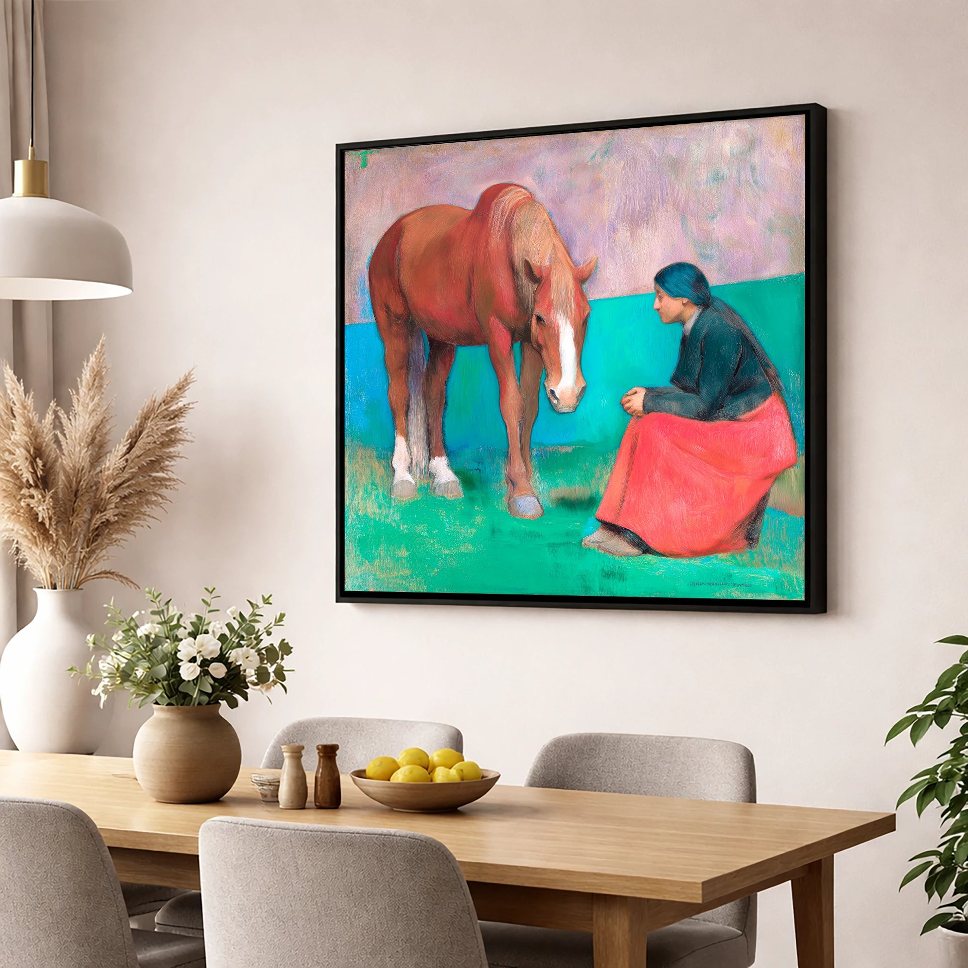 The Silent Dialogue horse & rider wall art displayed in a dining room