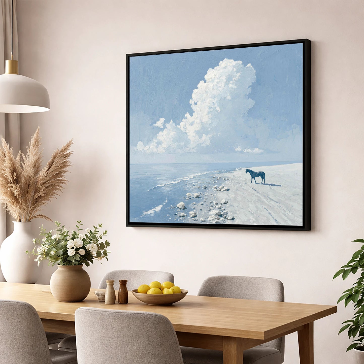 The Azure Shore horse landscape wall art displayed in a dining room