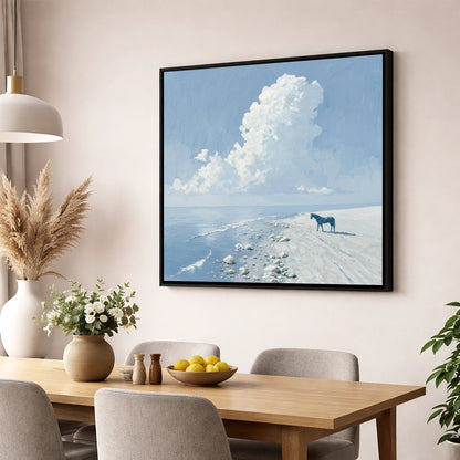 The Azure Shore horse landscape wall art displayed in a dining room