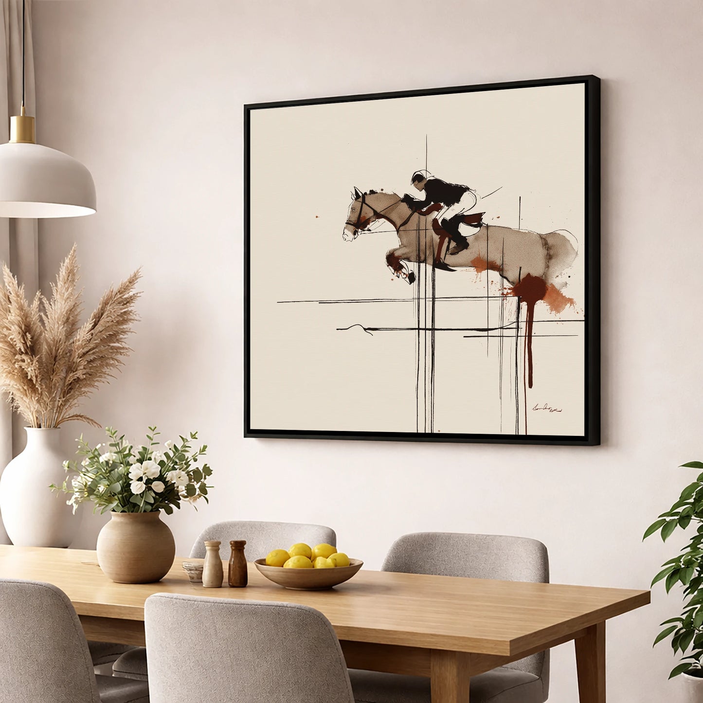 Precision and Flight show jumping horse wall art displayed in a dining room