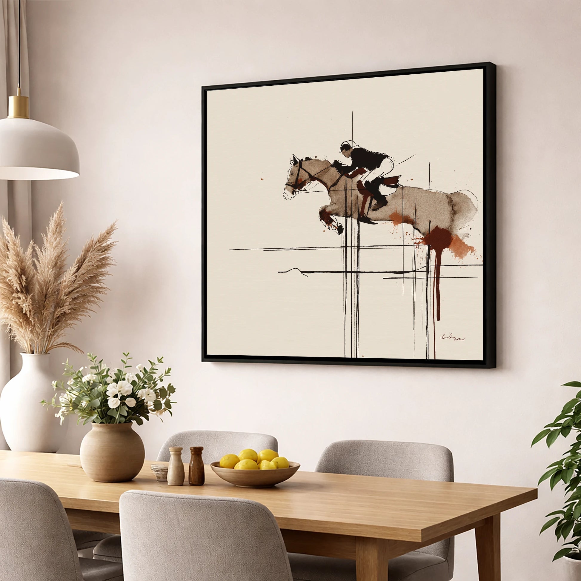 Precision and Flight show jumping horse wall art displayed in a dining room