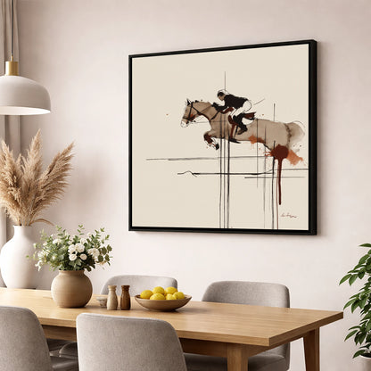 Precision and Flight show jumping horse wall art displayed in a dining room