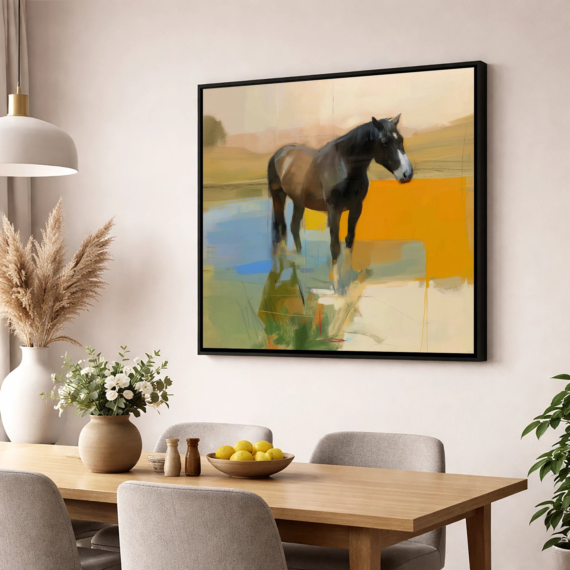 Reflections in Ochre horse portrait wall art displayed in a dining room