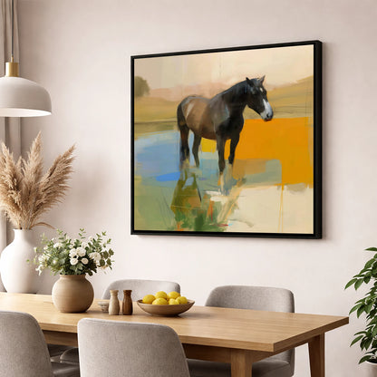 Reflections in Ochre horse portrait wall art displayed in a dining room
