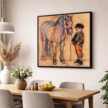 A Quiet Understanding horse & rider wall art displayed in a dining room