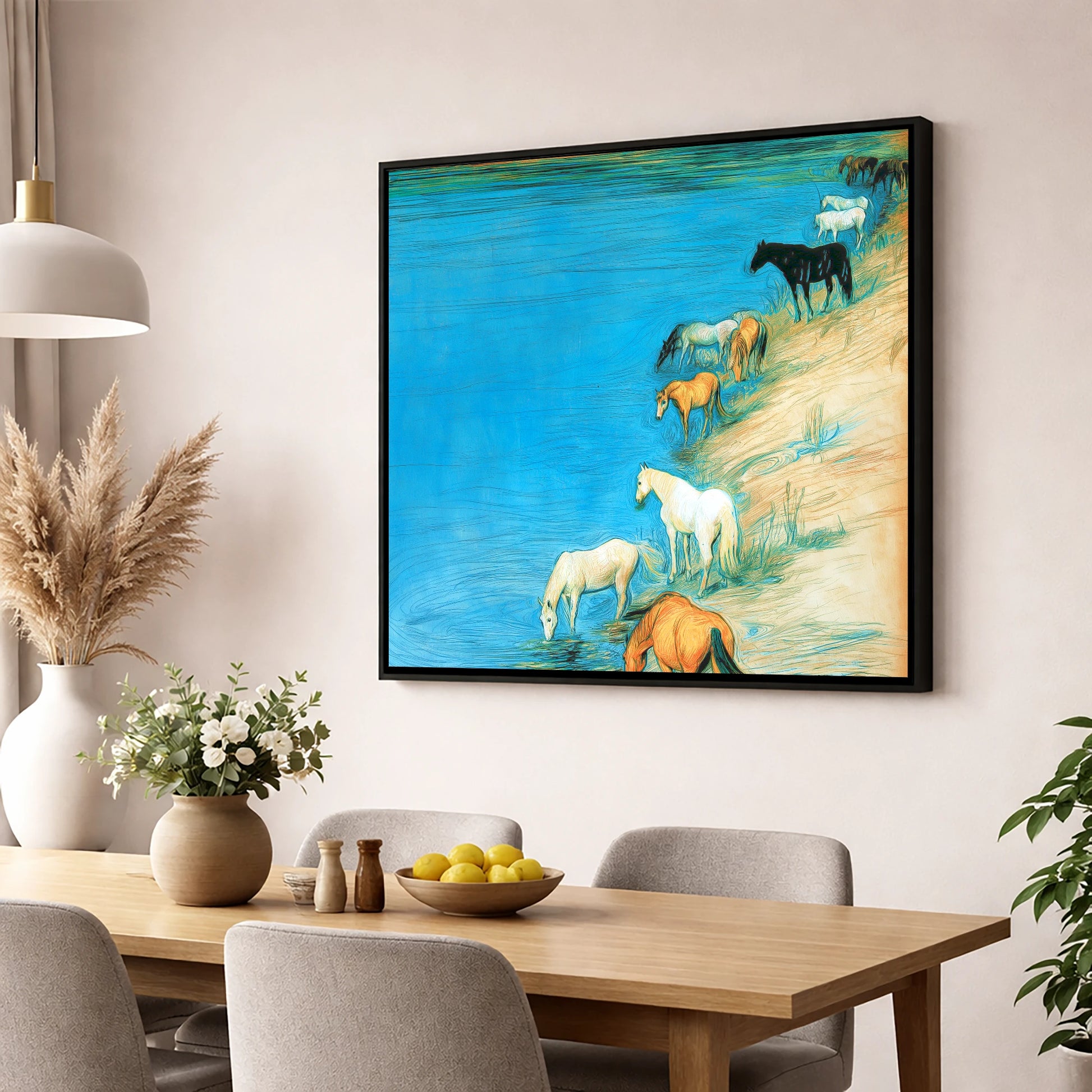 Cerulean River Herd wild horses wall art displayed in a dining room