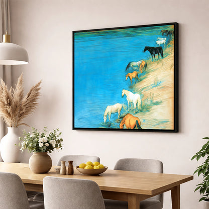 Cerulean River Herd wild horses wall art displayed in a dining room