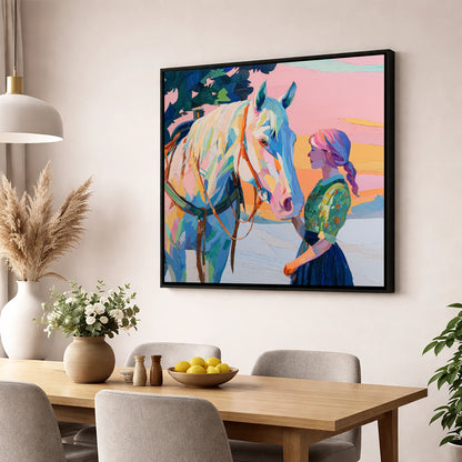 Vibrant Sunset Connection horse & rider wall art displayed in a dining room